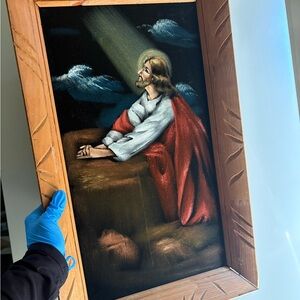 Framed Religious Oil-Style black velvet  Wall Art in Red and White vintage